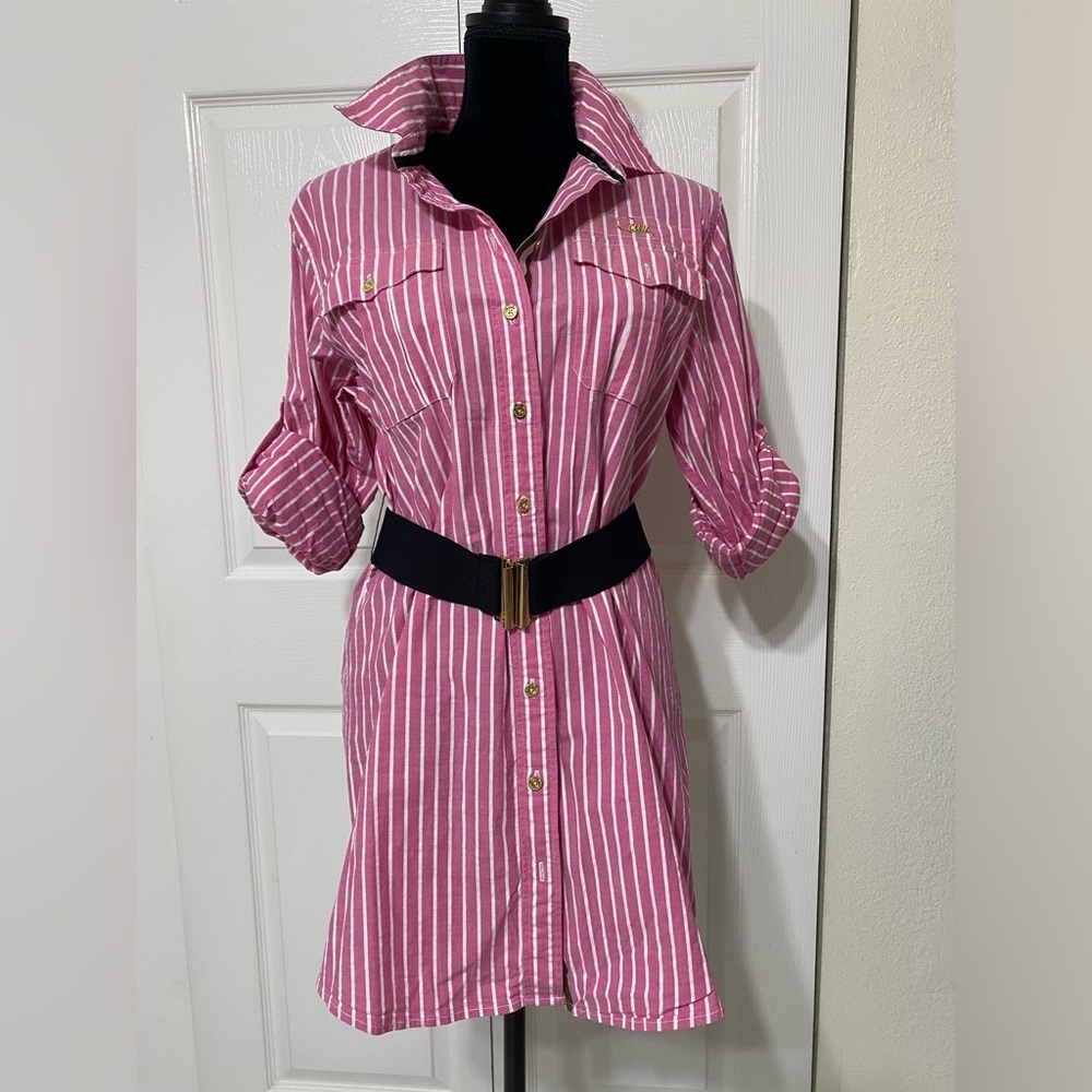 - CAVI Women’s Pink and White striped shirt with belt size M
